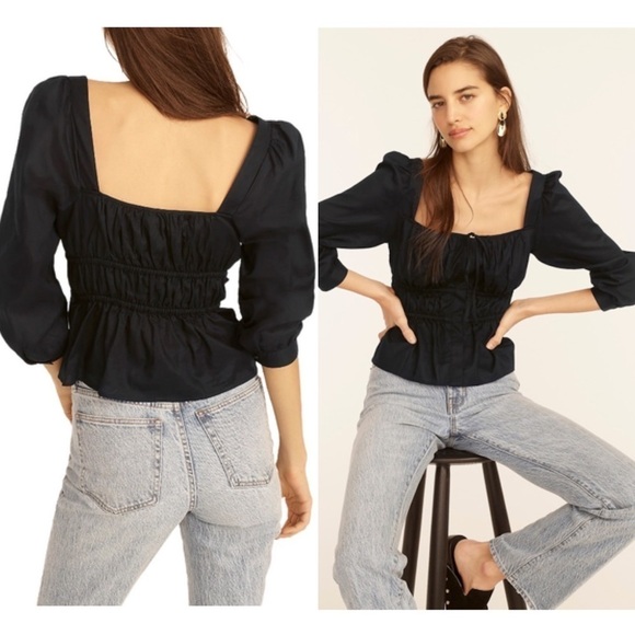NEW J CREW Puff Sleeve Square Neck Ruched Waist Herringbone Weave Peasant Top 6 - Picture 1 of 8
